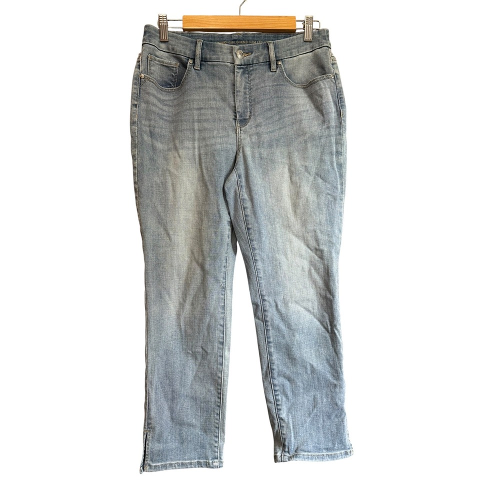 Chico's So Slimming Girlfriend Jeans Womens 4 Light Blue‎ Excellent Ankle Slit